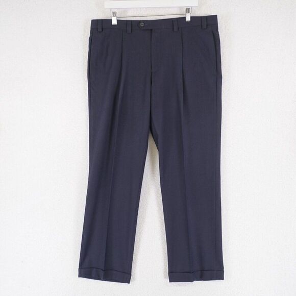Joseph Abboud Dress Pants Polyester Wool Blue Pleated Cuffed Mid RIse 38/30 Line - Picture 1 of 7